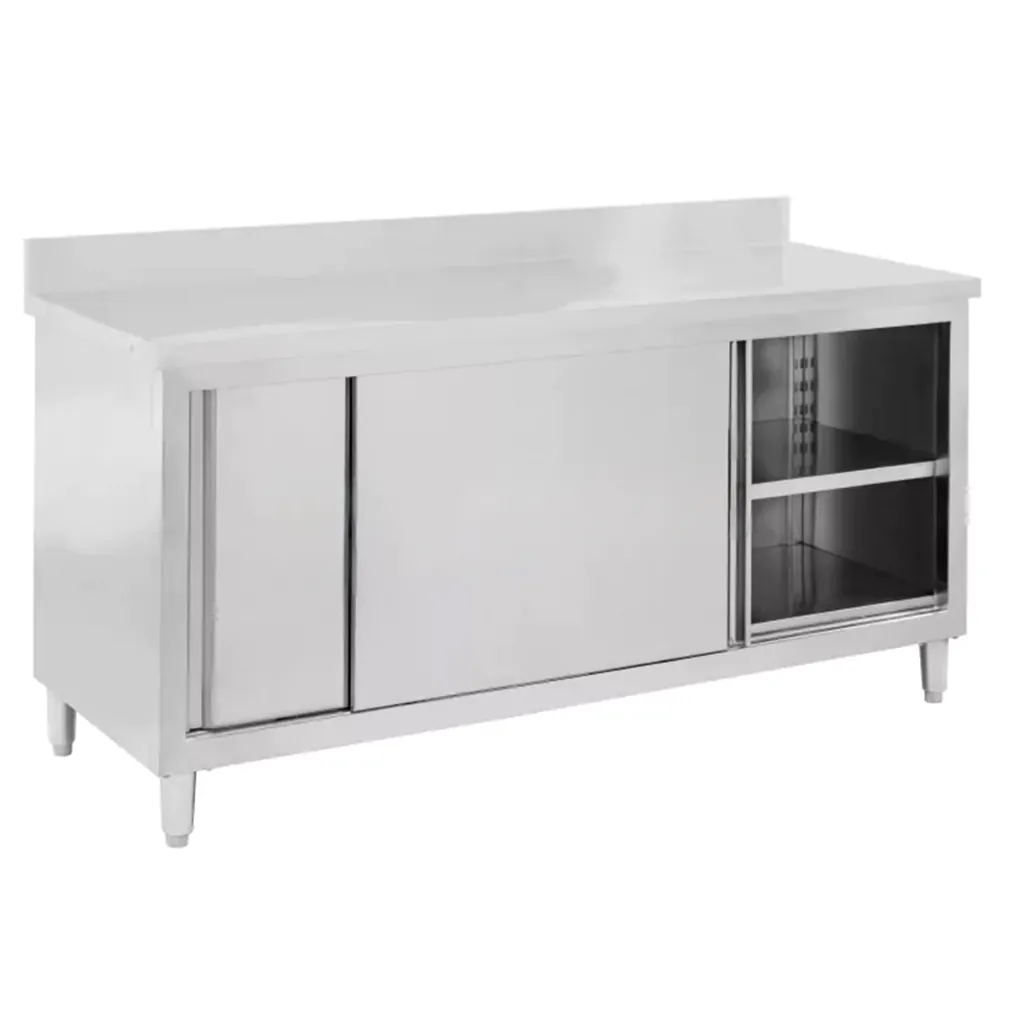 Masa de lucru inox cu dulap 140x70 cm cu 2 polite si usi culisante [2]