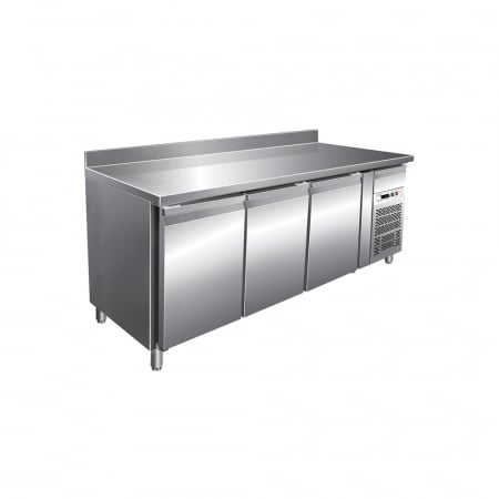 Mese reci - Masa frigorifica inox cu 3 usi, agregat lateral si rebord, GN1/1, 417 litri, -2+8°C