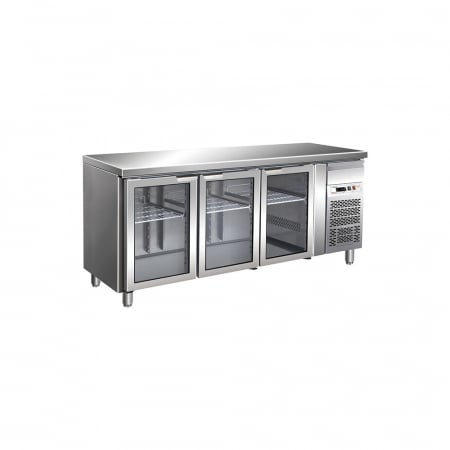 Mese reci - Masa frigorifica inox cu 3 usi din sticla si agregat lateral, GN1/1, 417 litri, -2+8°C