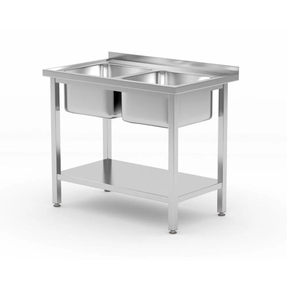 Spalatoare inox cu 2 cuve - Masa inox 2 chiuvete si raft, 1000x600x850mm