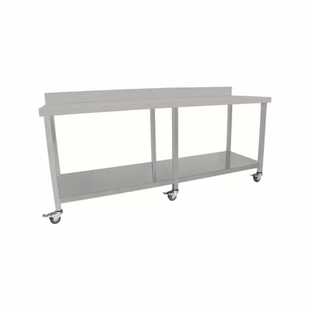 Mese de lucru inox demontabile - Masa inox cu roti si rebord cu polita 2000x595x950 mm BET-200