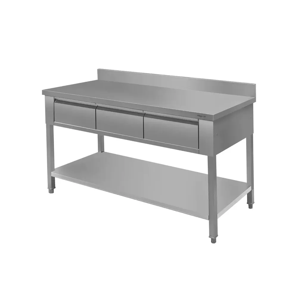 Mase inox cu sertare - Masa inox de perete, 3 sertare, raft 150x60x85cm