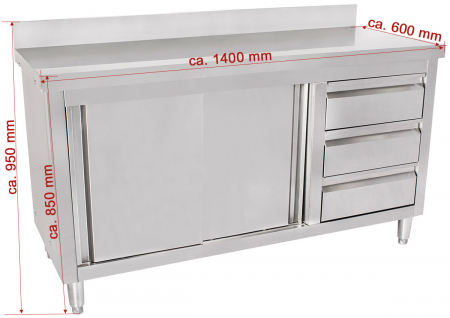 Masa inox tip dulap cu sertare pe dreapta si usi glisante 600 mm - 1400x600x950 mm BAS140-60R [1]