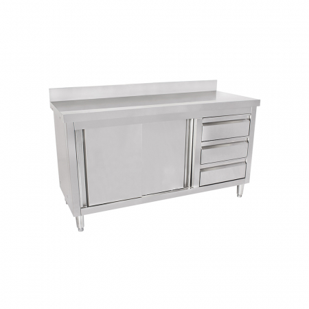 Mese inox de lucru tip dulap usi glisante - Masa inox tip dulap cu sertare pe dreapta si usi glisante 600 mm - 1400x600x950 mm BAS140-60R
