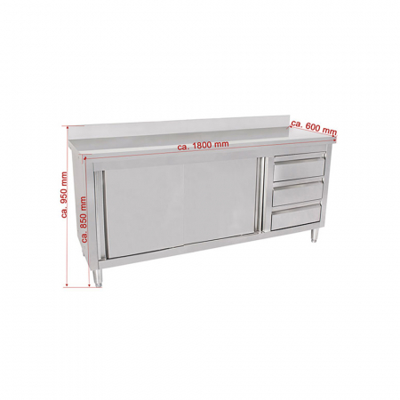 Mese inox de lucru tip dulap usi glisante - Masa inox tip dulap cu sertare pe stanga pe dreapta si usi glisante 600 mm - 1800x600x950 mm BAS180-60R