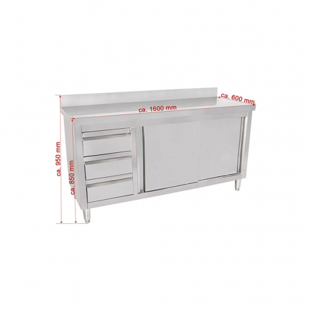 Mese inox de lucru tip dulap usi glisante - Masa inox tip dulap cu sertare pe stanga si usi glisante 600 mm - 1600x600x950 mm BAS160-60L