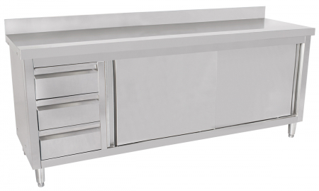 Mese inox de lucru tip dulap usi glisante - Masa inox tip dulap cu sertare pe stanga si usi glisante 600 mm - 2000x600x950 mm BAS200-60L