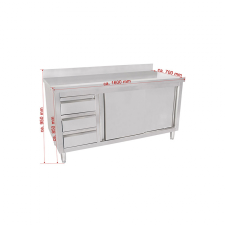 Mese inox de lucru tip dulap usi glisante - Masa inox tip dulap cu sertare pe stanga si usi glisante 700 mm - 1600x700x950 mm BAS160-70L