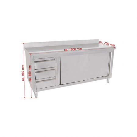 Mese inox de lucru tip dulap usi glisante - Masa inox tip dulap cu sertare pe stanga si usi glisante 700 mm - 1800x700x950 mm BAS180-70L
