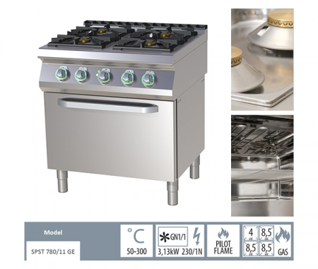 Masina de gatit gaz cu 4 arzatoare alama cu cuptor electric, 4+3x8,5 kW, linia 700, SPST780-11GE [1]