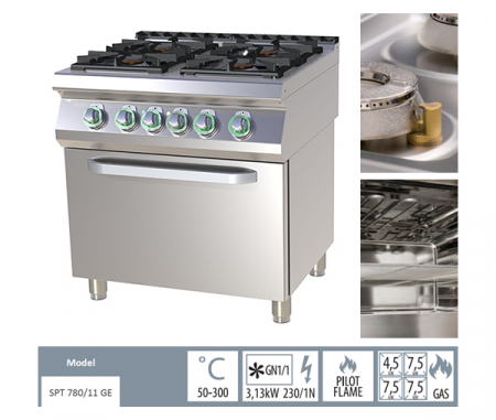 Masina de gatit gaz cu 4 arzatoare fonta cu cuptor electric, 4,5+3x7,5 kW, linia 700, SPT780-21GE [1]