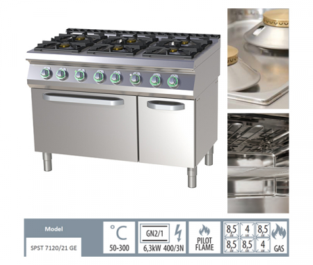 Masina de gatit gaz cu 6 arzatoare alama cu cuptor electric, 2x4+4x8,5 kW, linia 700, SPST7120-21GE [1]