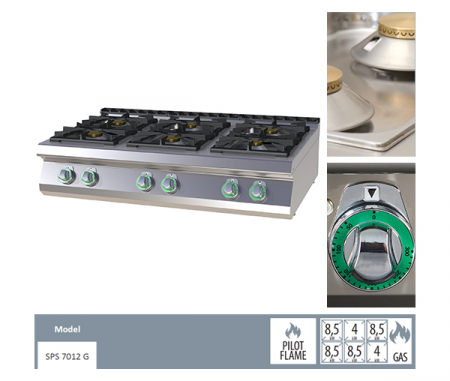 Masina de gatit gaz cu 6 arzatoare alama de banc, 2x4+4x8,5kW, linia 700, SPS7012G [1]