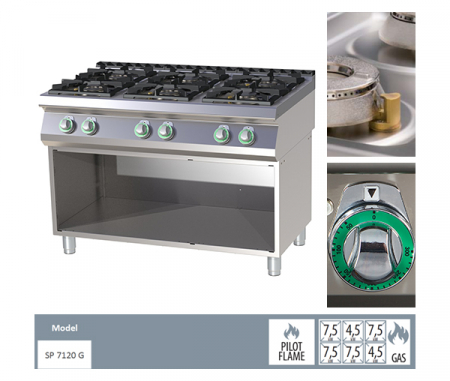 Masina de gatit gaz cu 6 arzatoare fonta cu suport 2x4,5+4x7,5 kW, linia 700, SP7120G [1]