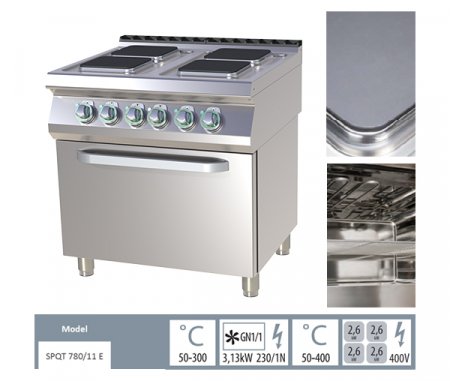 Masina gatit electrica 4 plite patrate cu cuptor GN 2/1, 4x2,6 kW, linia 700, SPQT780-21E [1]
