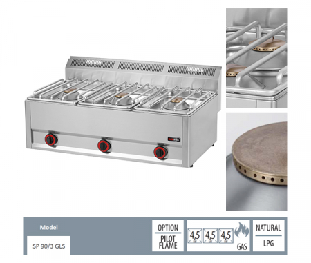 Masina gatit gaz 3 arzatoare de banc, 3x4,5 kW, 990x600x290(h) mm, linia 600, SP90/3GLS [1]