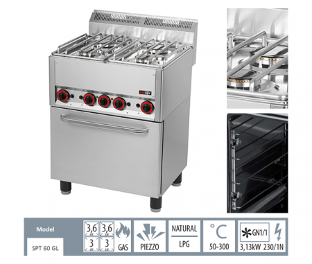 Masina gatit gaz 4 arzatoare (2x3+2x3,6 kW) cu cuptor, 3,13 kW, linia 600, SPT60GL [1]