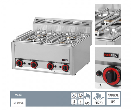 Masina gatit gaz 4 arzatoare de banc, (2x3 + 2x3,6 kW), linia 600, SP60GL [1]