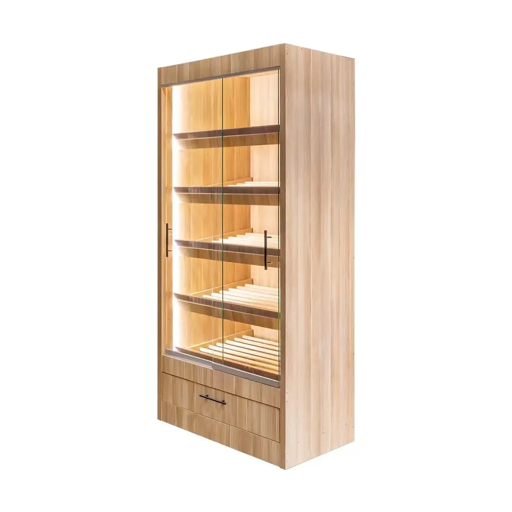 Mobilier pentru magazine - Raft paine modul sticla glisanta, iluminare LED, 205cm, stejar american