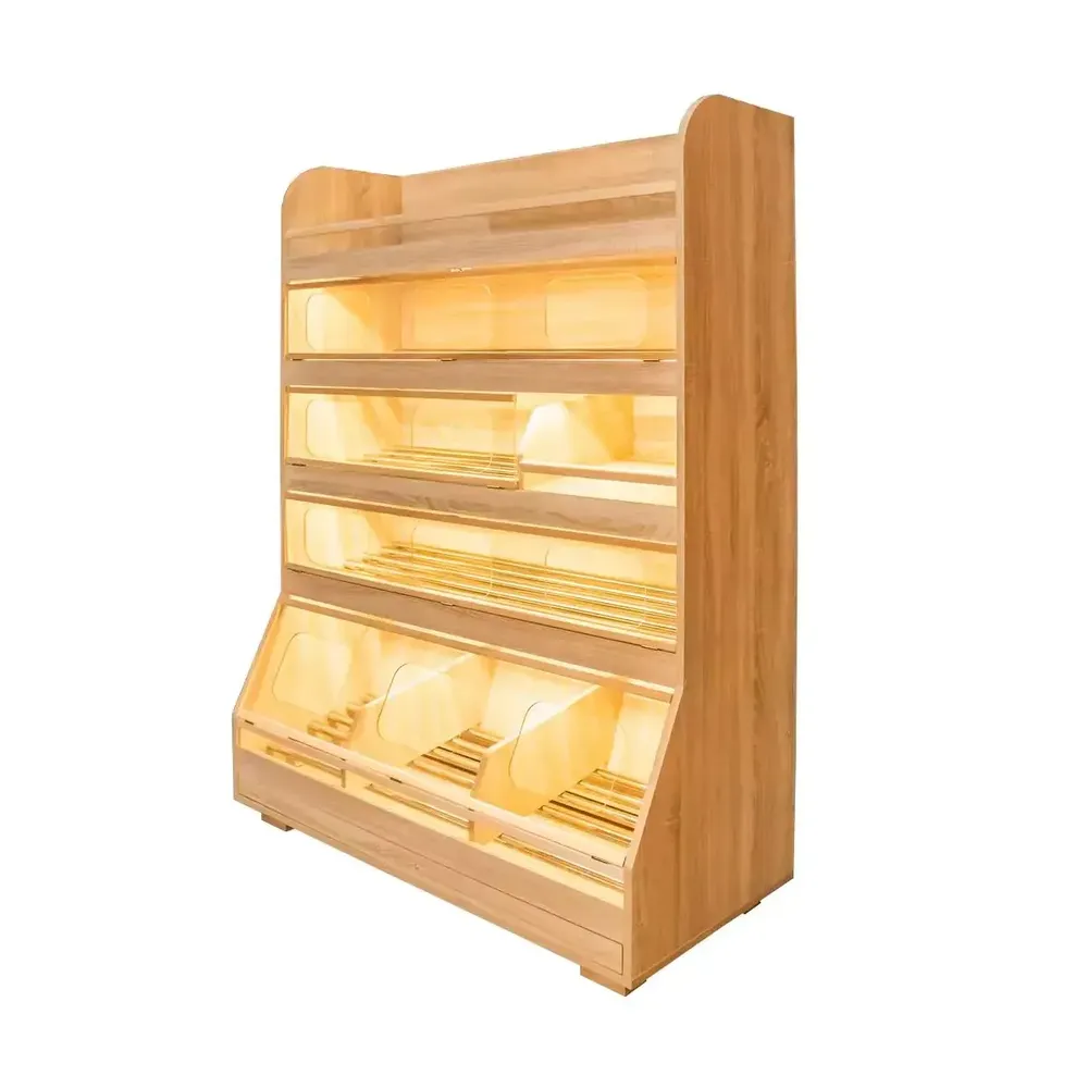 Rafturi pentru produse de panificatie - Raft paine plexiglas, iluminare, 180cm, stejar american