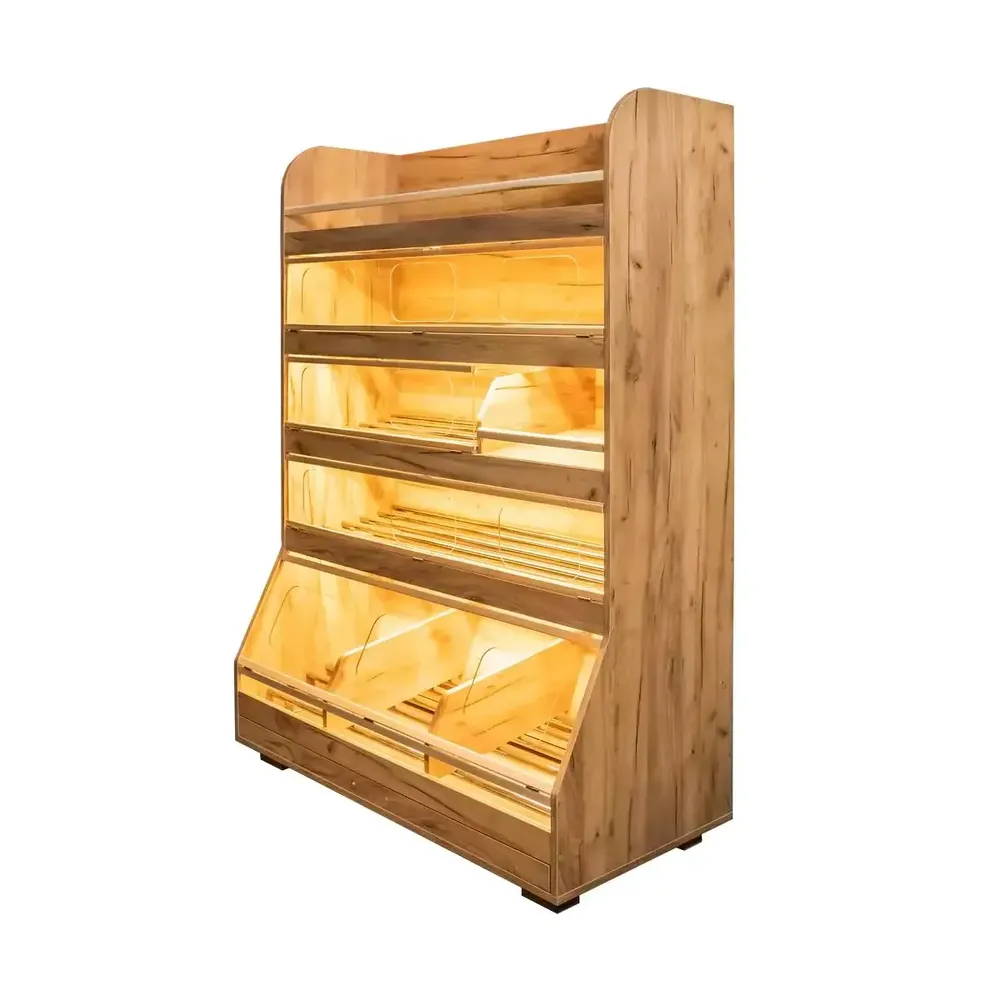 Rafturi pentru produse de panificatie - Raft paine plexiglas, iluminare, 180cm, stejar kraft
