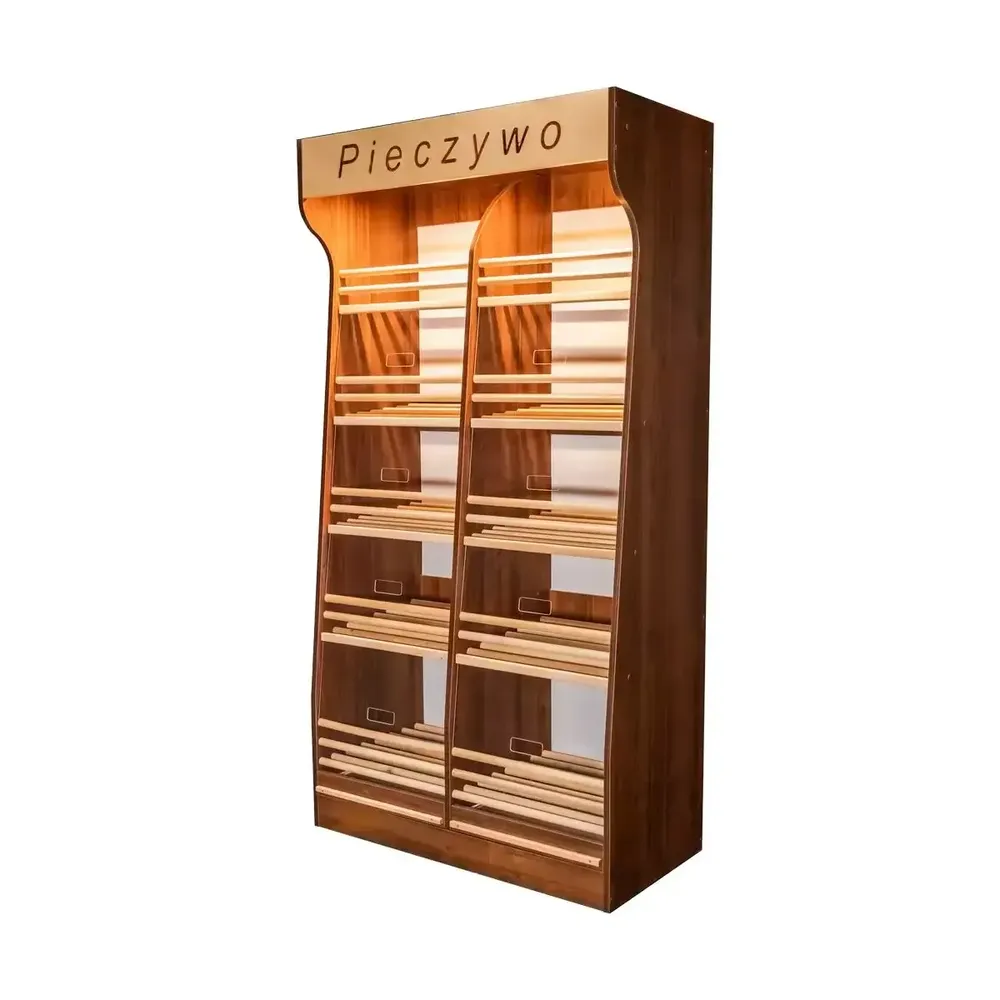 Rafturi pentru produse de panificatie - Raft paine plexiglas, iluminare, 200cm, nuc eco