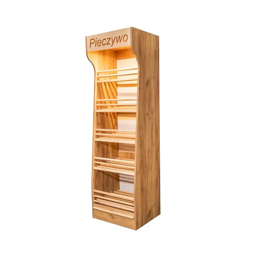 Rafturi pentru produse de panificatie - Raft paine plexiglas, iluminare, 200cm, stejar kraft
