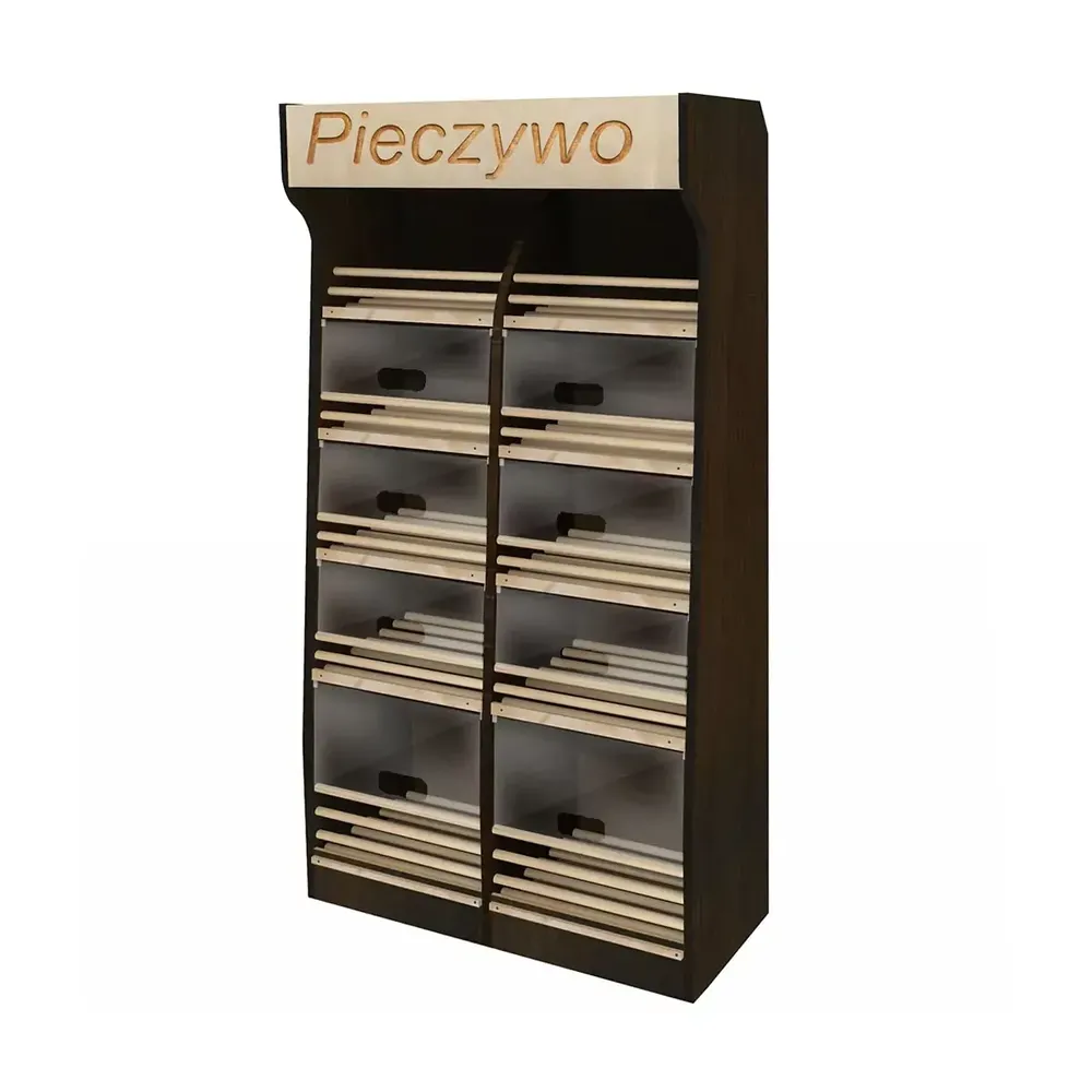 Mobilier pentru magazine - Raft paine plexiglas, iluminare, LED 200cm, nuc inchis
