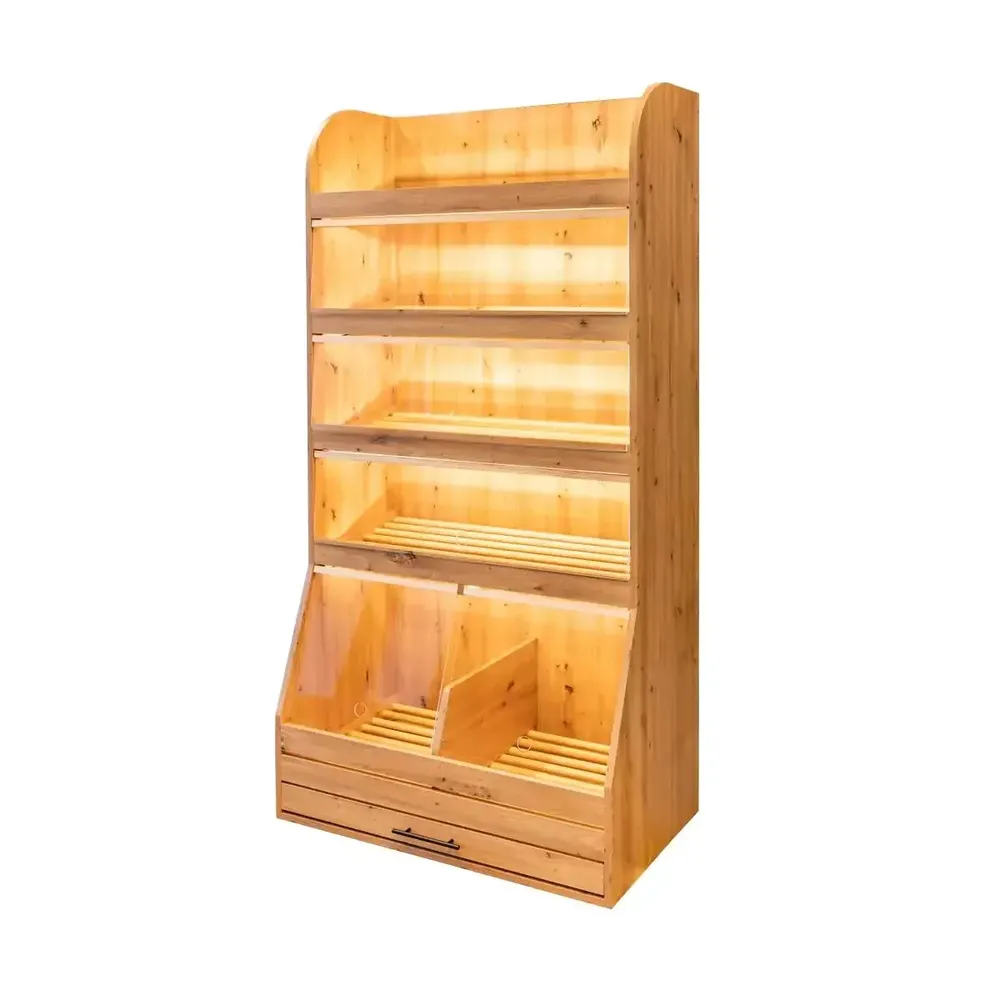 Mobilier pentru magazine - Raft paine plexiglas, iluminare LED, 205cm, stejar artisan