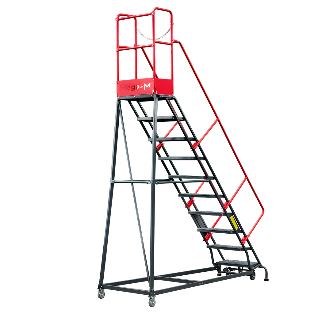 Scari cu platforma mobile - Scara de depozit mobila 255cm, 10 trepte, platforma si frana