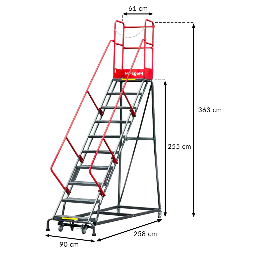 Scara de depozit mobila 255cm, 10 trepte, platforma si frana [2]