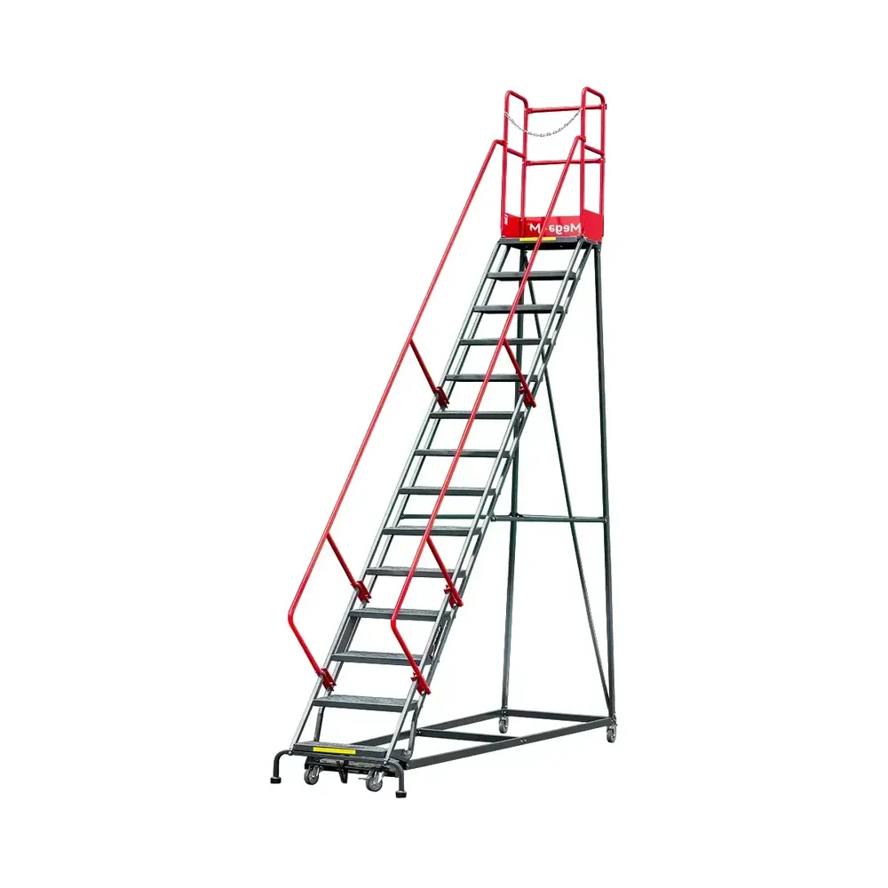 Scari cu platforma mobile - Scara de depozit mobila 357cm, 14 trepte, platforma si frana