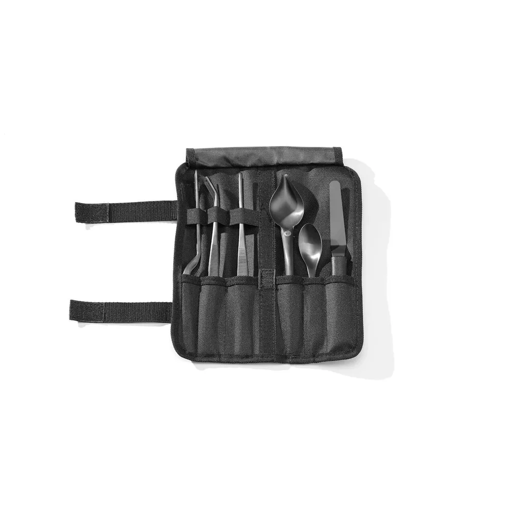 Autoservire - Set plating profesional, 6 bucati, negru, cu pensete si linguri