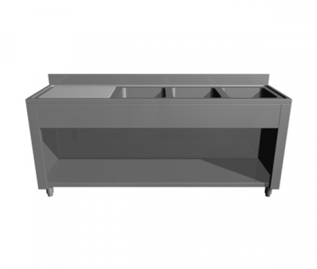 Spalatoare inox cu 3 cuve - Spalator din inox tip dulap deschis cu picurator stanga si 3 cuve