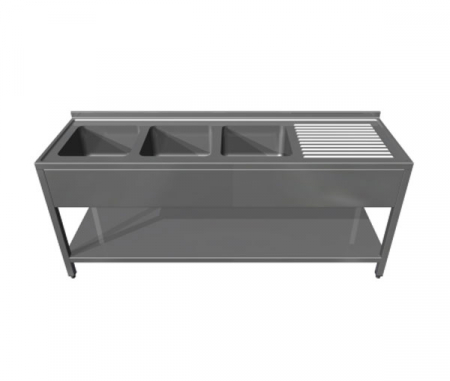 Spalatoare inox cu 3 cuve - Spalator din inox cu polita si picurator dreapta, 3 cuve