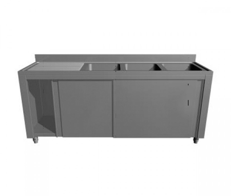 Spalatoare inox cu 3 cuve - Spalator din inox tip dulap cu usi glisante si picurator stanga, 3 cuve