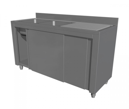 Spalatoare inox cu 2 cuve - Spalator tip dulap cu usi glisante si picurator dreapta, 2 cuve