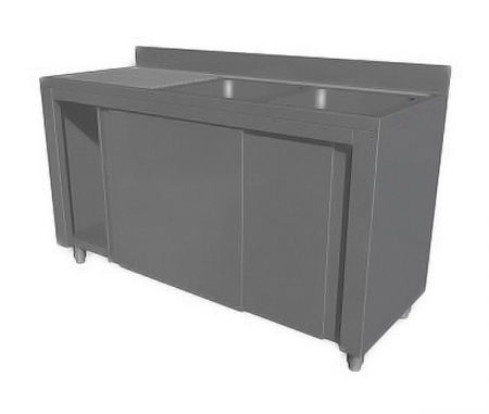 Spalatoare inox cu 2 cuve - Spalator tip dulap cu usi glisante si picurator stanga, 2 cuve