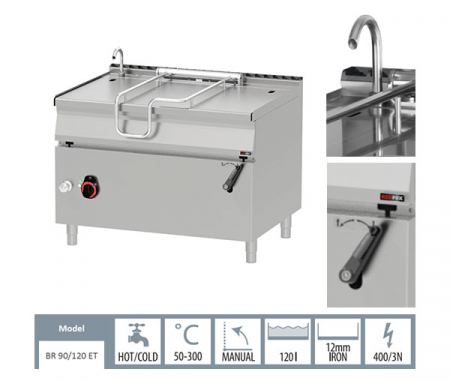 Tigaie basculanta 120 litri electrica cu rabatare manuala, 1200x900x900 mm, 19 kW, linia 900, BR90/120E/N [1]