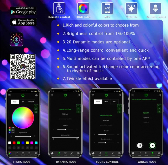 Kit Fibra Optica Plafon Instelat Auto 1200 Fire cu efect TWINKLE si Kit 10 Comete inclus 0.75mm si 3M lungime RGBW cu Control din Aplicatie Telefon si Telecomanda cu Infrarosu [9]