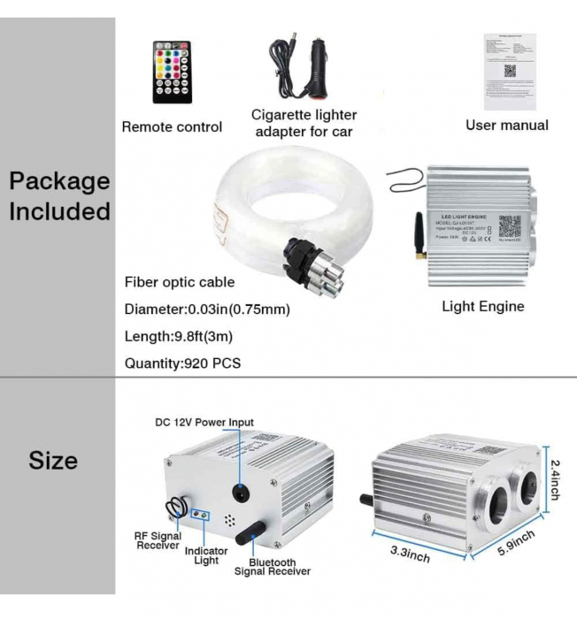 Kit Fibra Optica Plafon Instelat Auto TWINKLE RGBW 32W 600 Fire 0.75mm si 3M lungime , Control din Aplicatie Telefon si Telecomanda cu Infrarosu [6]