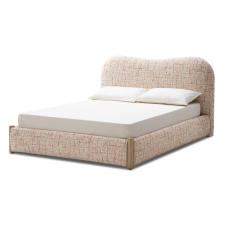 Dormitoare - Pat tapițat crem cu picioare din lemn „Soft Elegance”