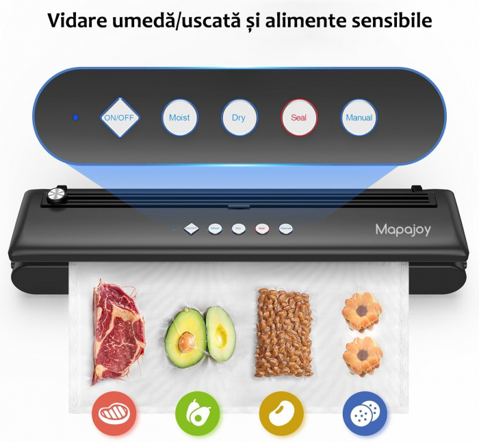 Aparat de vidat si sigilat Mapajoy ProVac, Functii de Vidare Automata si Vidare Manuala, Vidare umeda/uscata si alimente sensibile, 10 Pungi 20x30 cm incluse, Cutter Incorporat, Furtun vidare sticle s [2]