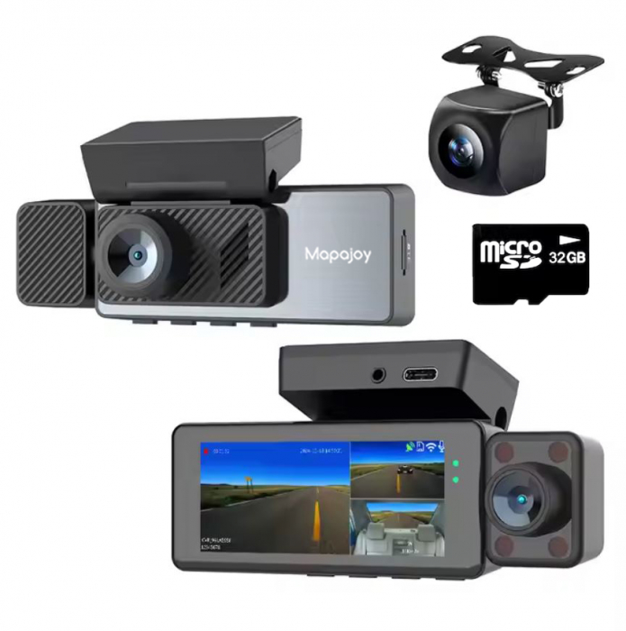 Camera Auto De Bord Tripla Mapajoy DRIVE-SAFE, 2K Full HD, GPS inclus, Wi-Fi, Unghi vizual larg 170°, Vedere nocturna, Inregistrare in bucla, Senzor-G coliziune, Camera marsarier,  Card SD 32GB cadou [1]