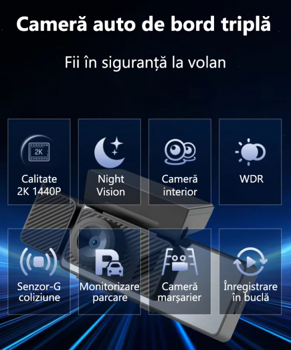 Camera Auto De Bord Tripla Mapajoy DRIVE-SAFE, 2K Full HD, GPS inclus, Wi-Fi, Unghi vizual larg 170°, Vedere nocturna, Inregistrare in bucla, Senzor-G coliziune, Camera marsarier,  Card SD 32GB cadou [6]