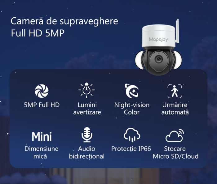 Camera de supraveghere Wireless Mapajoy, 8MP Full HD, Comunicare bidirectionala, Detectare miscare, Exterior si Interior, Color Night Vision, Rotire automata, Zoom 4x, Alb [5]