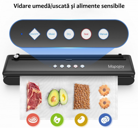 Aparat de vidat si sigilat Mapajoy ProVac, Functii de Vidare Automata si Vidare Manuala, Vidare umeda/uscata si alimente sensibile, 10 Pungi 20x30 cm incluse, Cutter Incorporat, Furtun vidare sticle s [1]