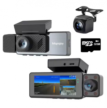 Camere auto DVR - Camera Auto De Bord Tripla Mapajoy DRIVE-SAFE, 2K Full HD, GPS inclus, Wi-Fi, Unghi vizual larg 170°, Vedere nocturna, Inregistrare in bucla, Senzor-G coliziune, Camera marsarier,  Card SD 32GB cadou