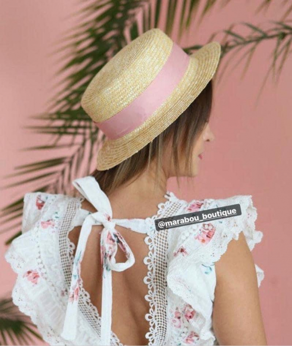 Canotiera Handmade din paie cu bentita si voaleta cu Stele Albastre [10]