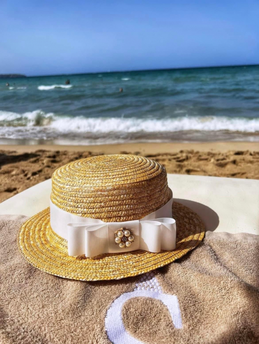 Canotiera Handmade din paie cu bentita si voaleta cu Stele Albe [6]